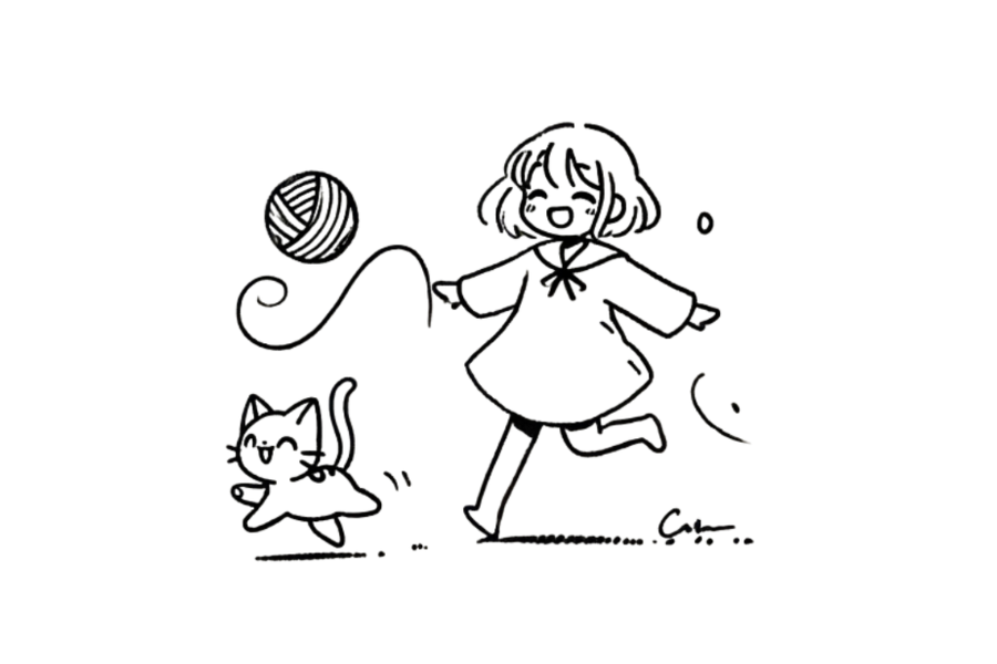 Girl With Kitten Chasing Yarn Ball tracing base (lower opacity)