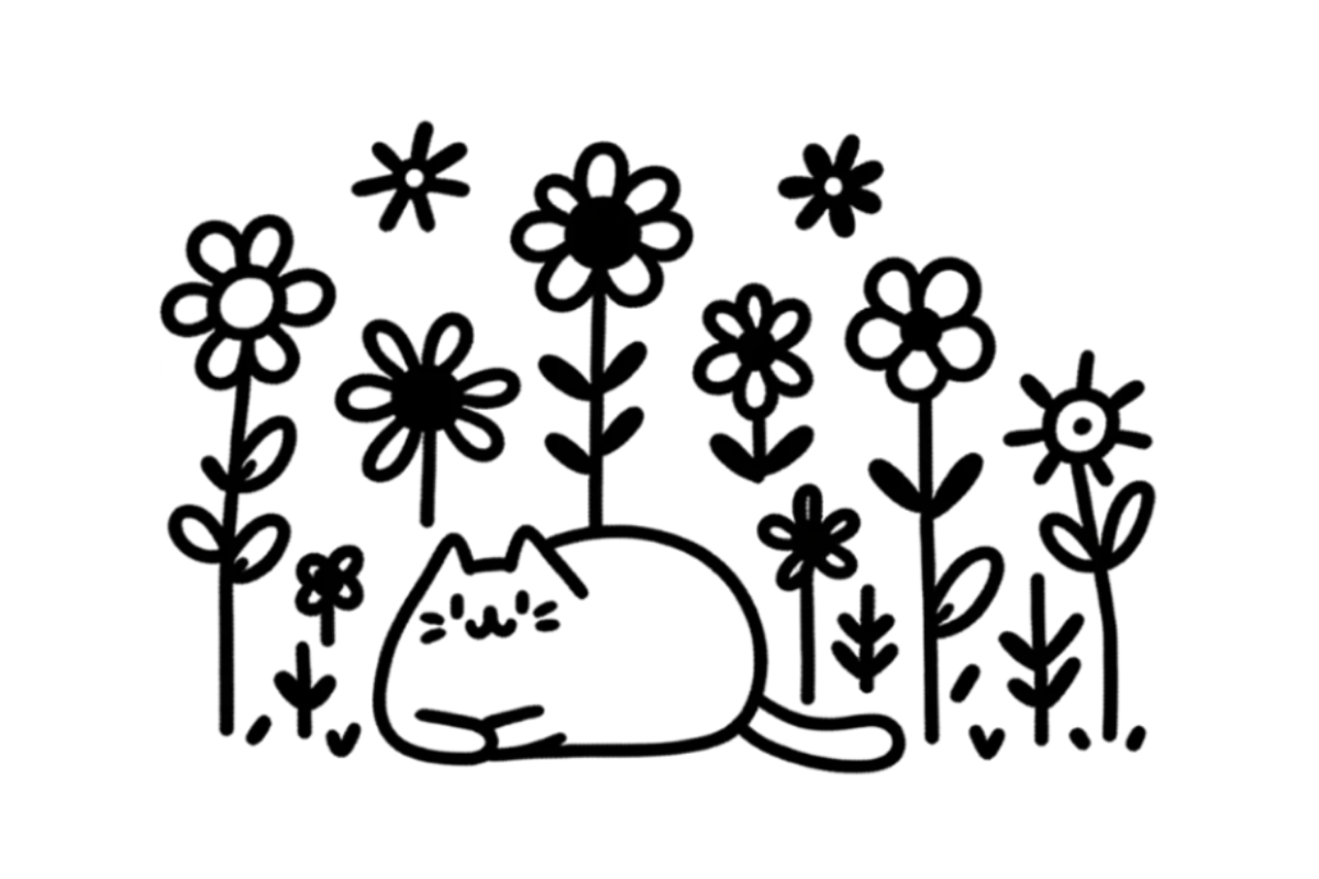Cat in flower garden tracing base (lower opacity)