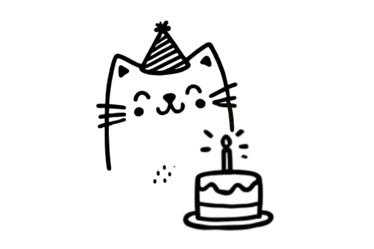 Cat with birthday hat and cake tracing base (lower opacity)
