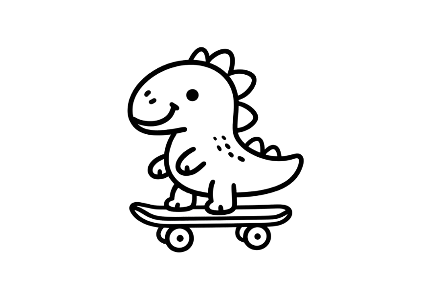 🛹 Easy Cute Dino Playing Skateboard Drawing Template