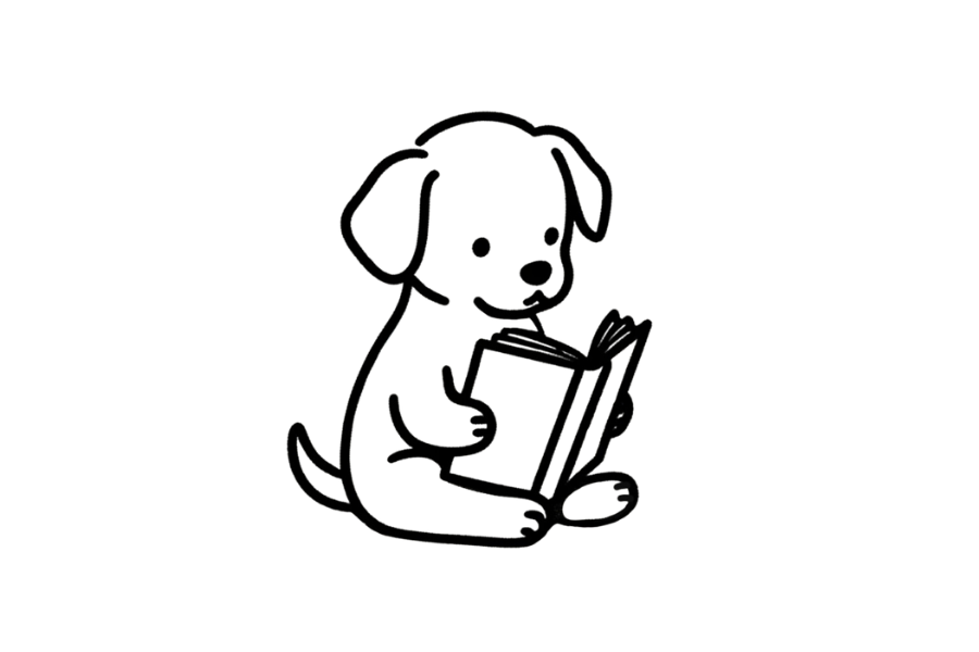 Dog Reading Storybook tracing base (lower opacity)
