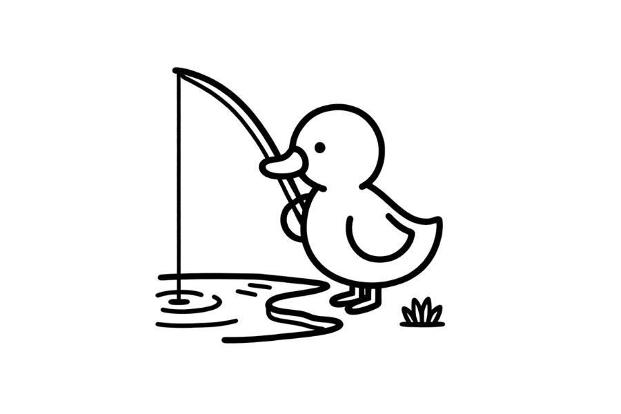 🎣 Easy Cute Duck with Fishing Rod Drawing Template