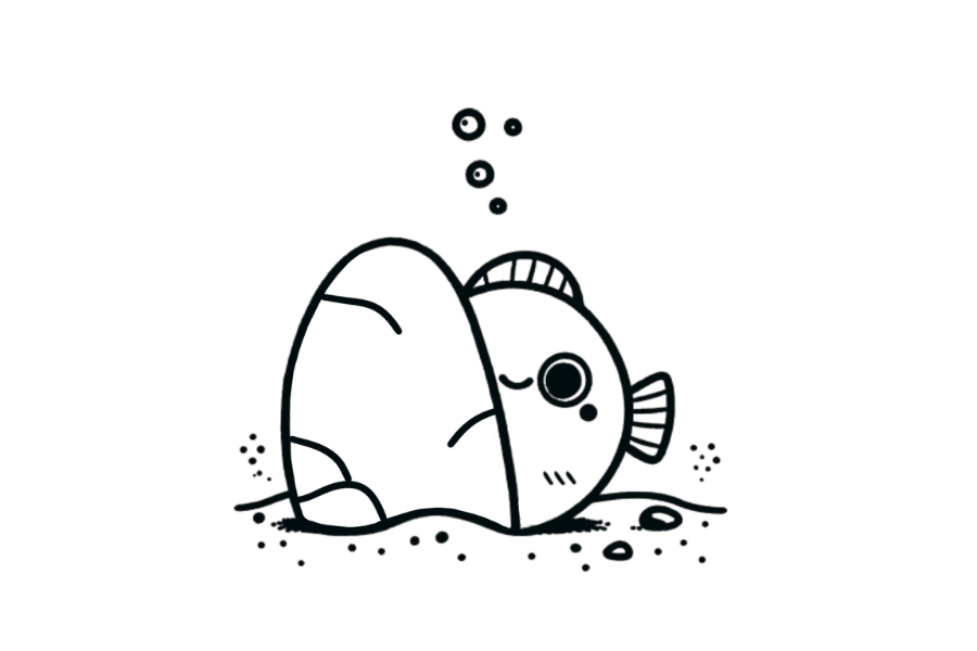🪨 Easy Cute Fish Peeking Out from Behind Rock Drawing Template