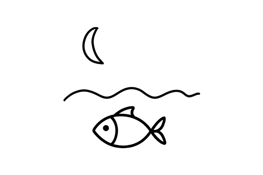 🌙 Easy Cute Fish Under the Moonlight Drawing Template