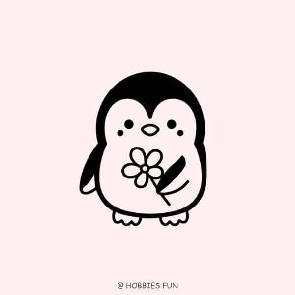 Cute Penguin with a Flower Drawing