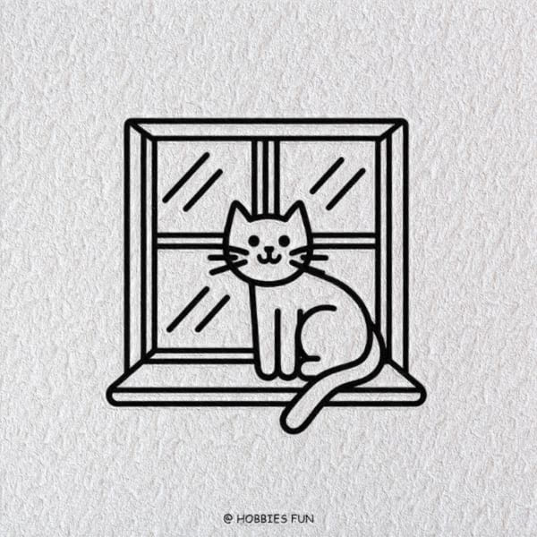Cat Drawing Simple, Cat On A Window Sill