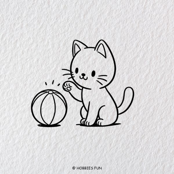 Cute Cat Drawing, Cat Playing With Ball