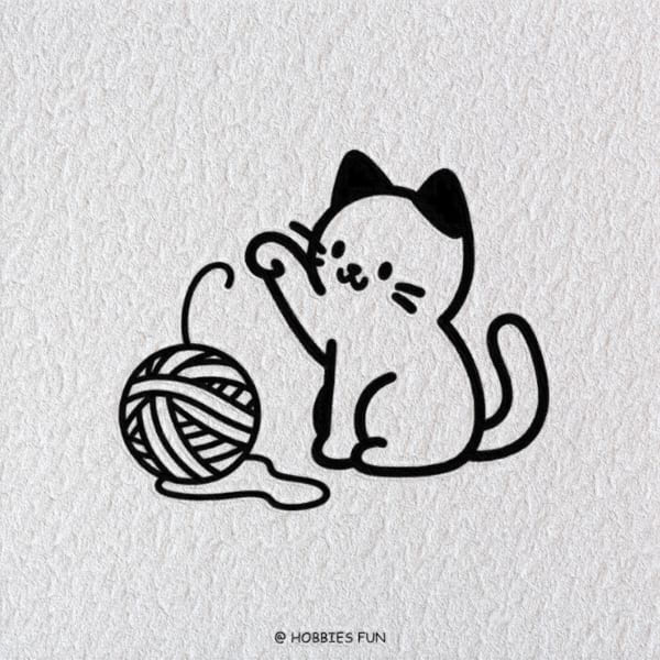 Simple Cat Drawing, Cat Playing with Yarn