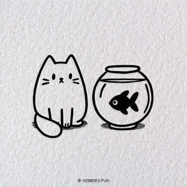 Cute Easy Cat Drawing Idea, Cat and Fishbowl
