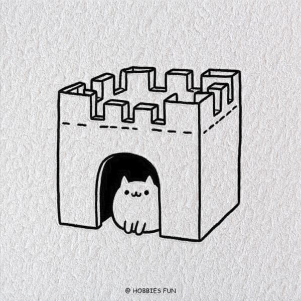 Cat Drawing Cute, Cat in a Cardboard Castle