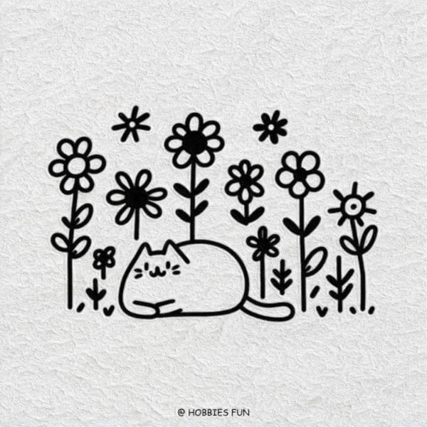 Easy Cute Cat Drawing Idea, Cat in a Flower Garden