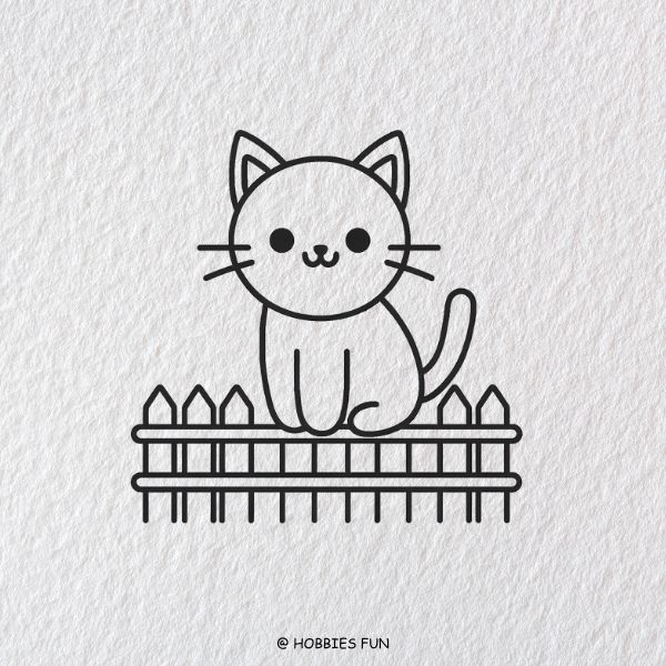 Easy Cat Drawing for kids, Cat on a Fence