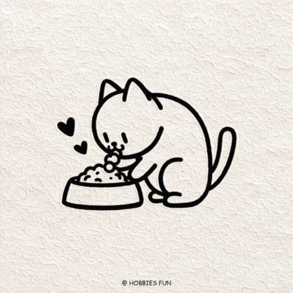 Easy Cute Cat Drawing Idea, Cat's Dinner Time