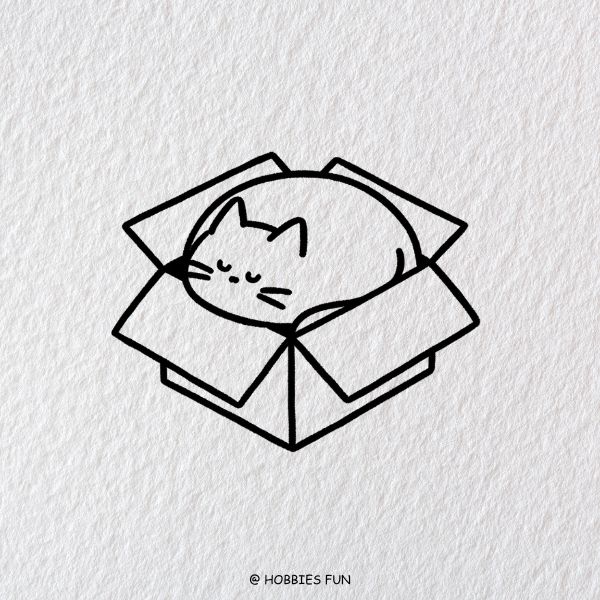 cat drawing kawaii, Cozy Cat in a Cardboard Box Drawing