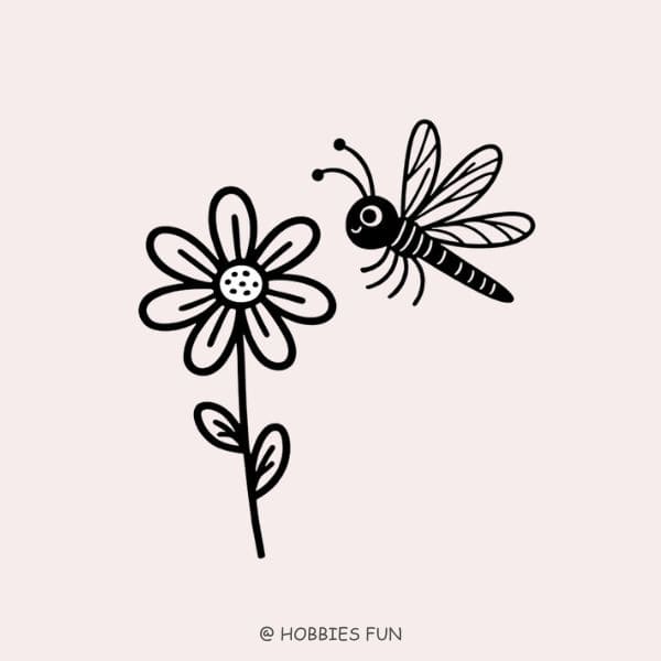 Easy simple dragonfly drawing, Dragonfly with Flower
