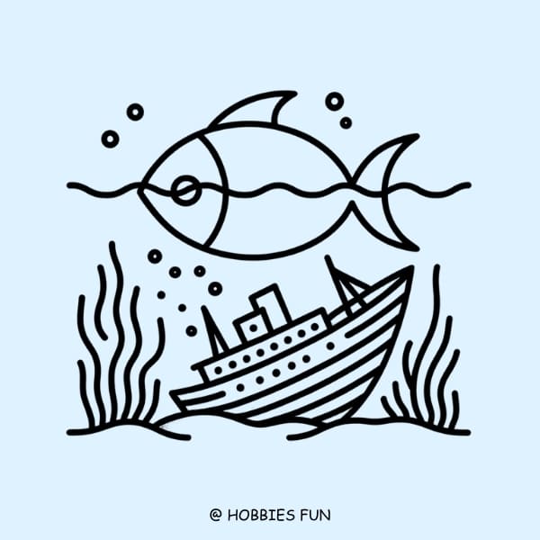 kawaii fish drawing, Fish with Sunken Ship