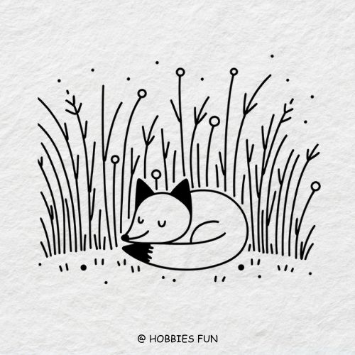 cute fox drawing, Fox Resting in Nature Drawing
