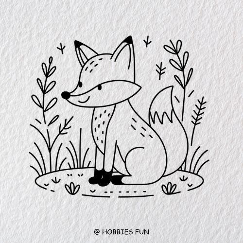 cute easy fox drawing, Fox Sitting in Meadow