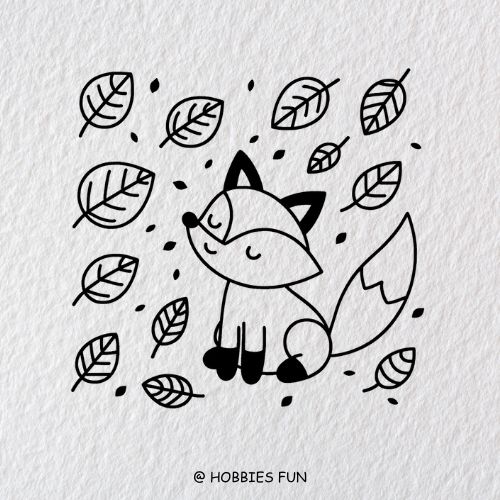 fox drawings cute, Fox with Autumn Leaves