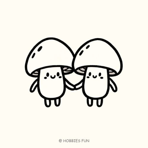 easy cute mushroom drawing,  Mushroom Friends Holding Hands