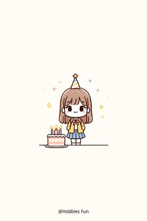 Cute Anime Girl drawing, Girl with Birthday Cake