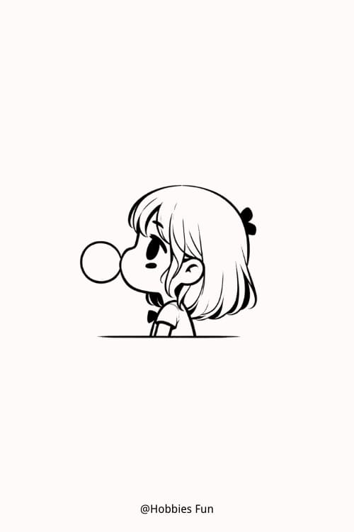 Anime Girl drawing cute, Girl with Bubblegum Bubble