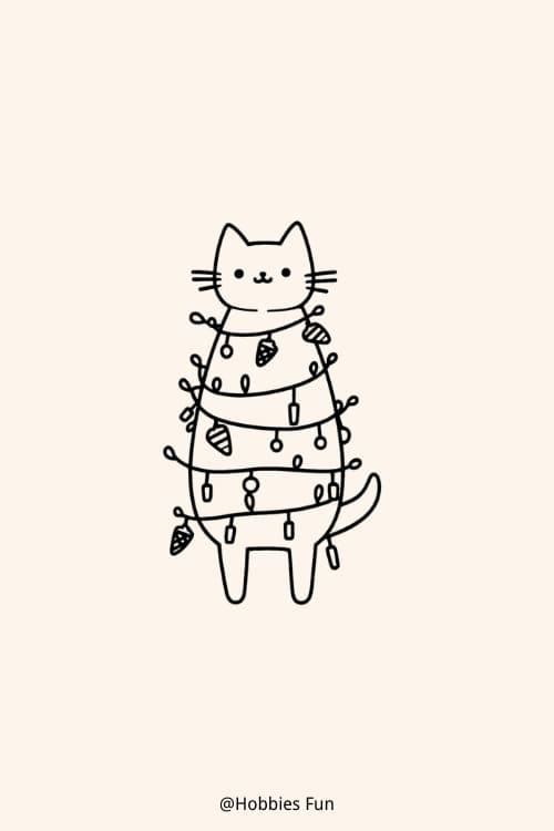 Fun Christmas drawings, Cat with Christmas Lights around