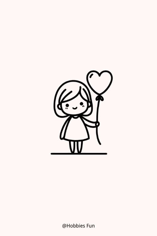 Easy girl drawing, Girl With Heart-shaped Balloon
