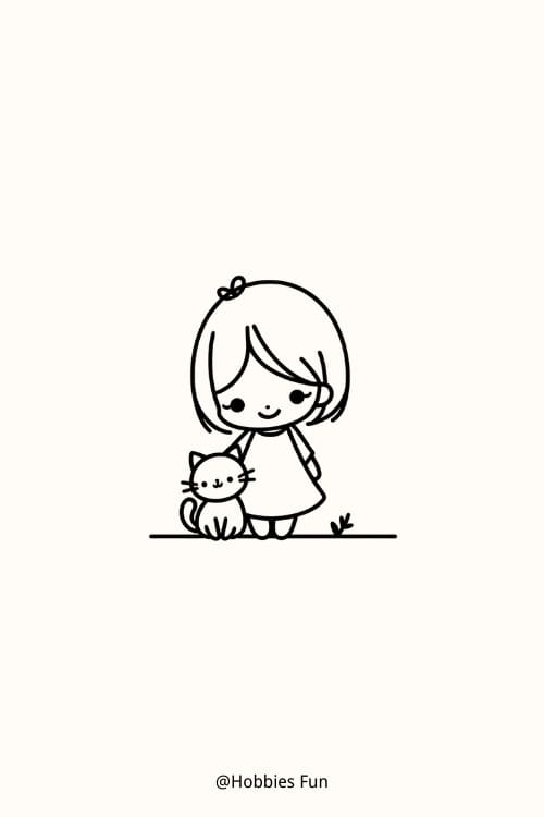 simple drawing girl, Girl with Cat