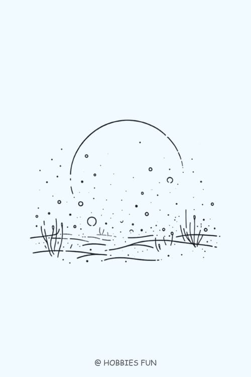 Aesthetic drawing, Crescent Moon above Landscape