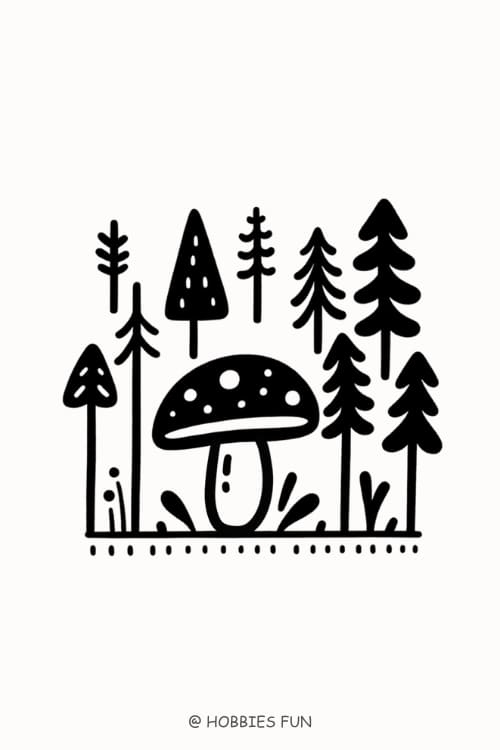 Simple drawings aesthetic, Forest with Mushroom