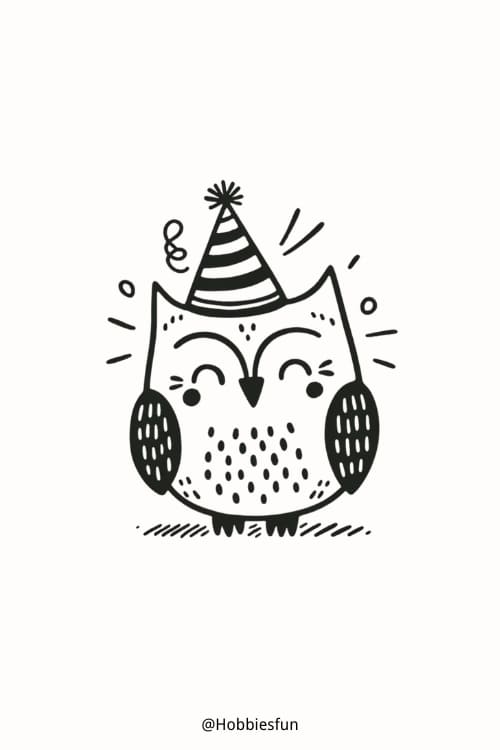 Cute Owl Drawing, Owl With A Birthday Party Hat