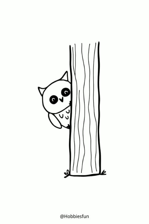 Cute Owl Drawing, Owl Peeking Out From Behind A Tree Trunk
