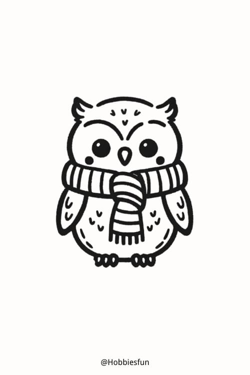 Drawing Of Owl, Owl With A Scarf