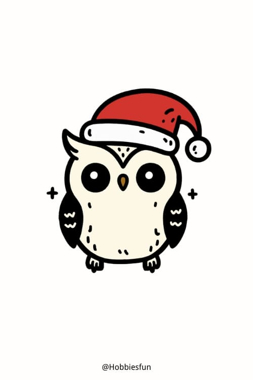 Easy Cute Owl Drawing, Owl Wearing A Santa Hat