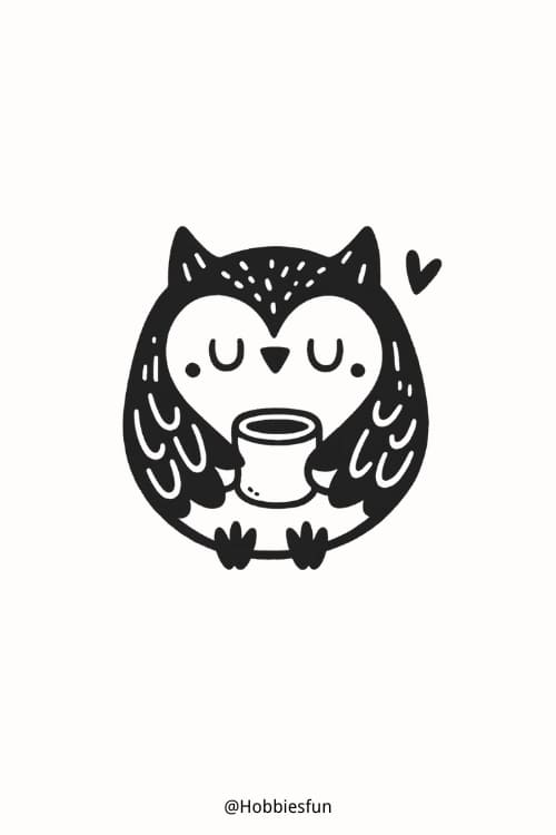 Owl Easy To Draw, Owl With A Cup Of Coffee