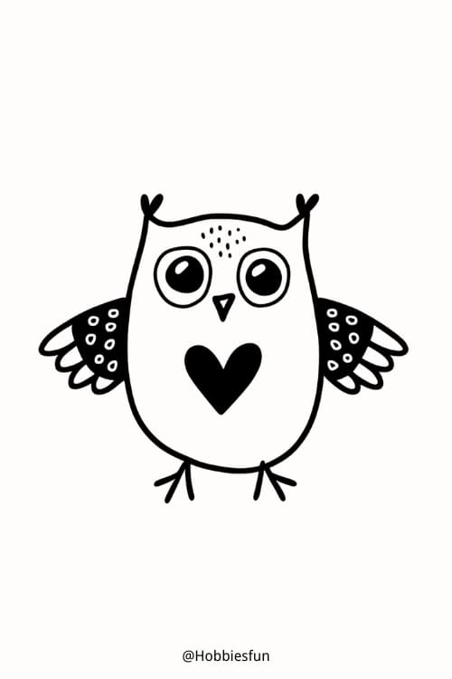 Owl Drawing Easy, Owl With Heart-shaped Feathers 