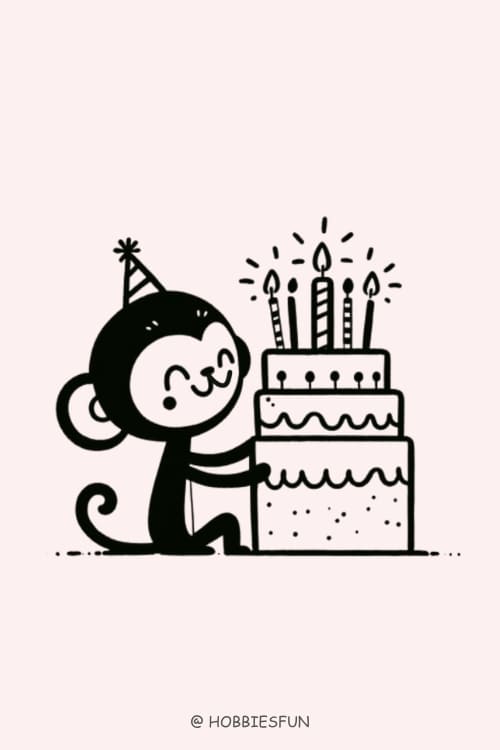 Animated Monkey Drawing, Monkey With Birthday Cake