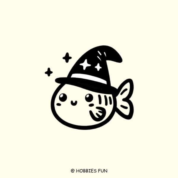 Cute Easy Fish Drawing, Fish With Wizard Hat