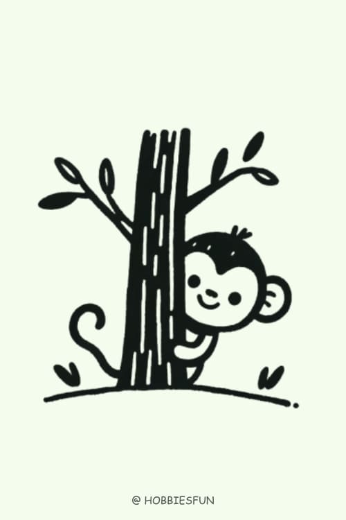 Monkey Drawing Cute, Monkey Peeking Out From Behind Tree