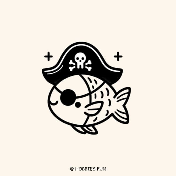 Easy Cute Fish Drawing Idea, Fish With Pirate Hat And Eyepatch