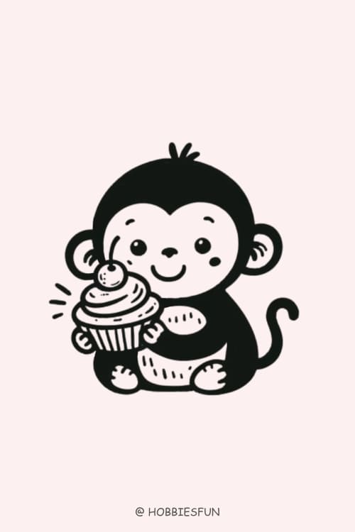 Small Monkey Drawing, Monkey With Cupcake
