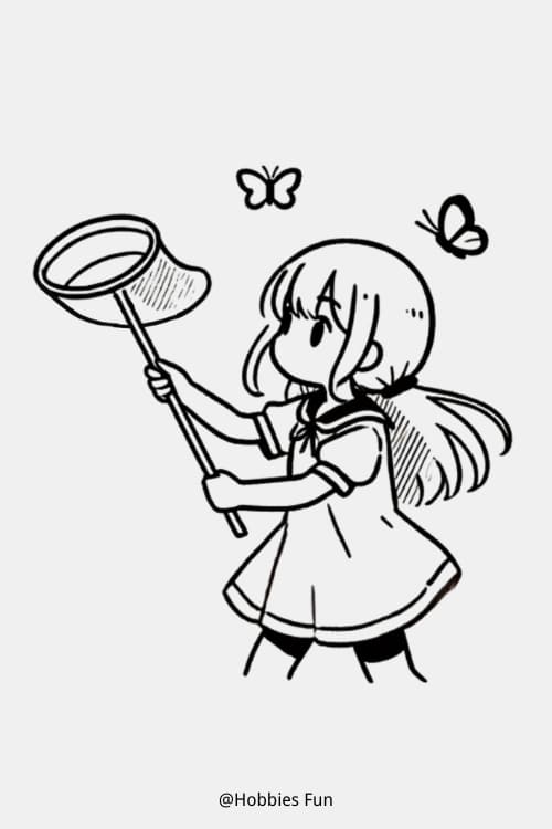 Anime Girl Drawing Easy, Girl Catching Butterflies
