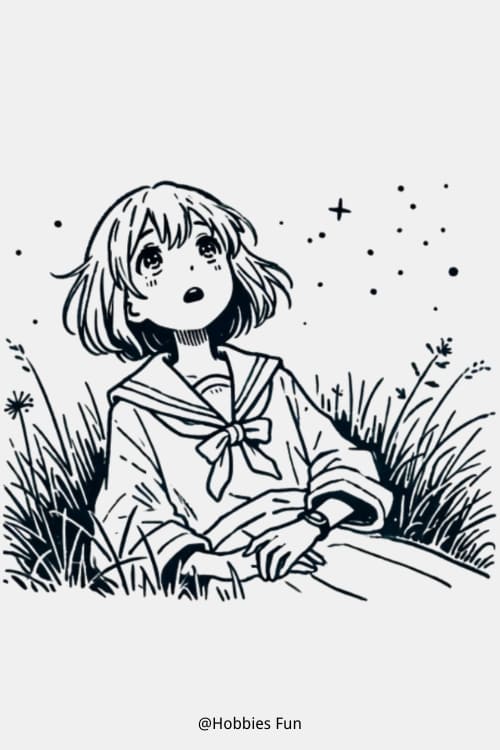 anime girl sketch, Anime Girl Lying On Grassy Field Sketch

