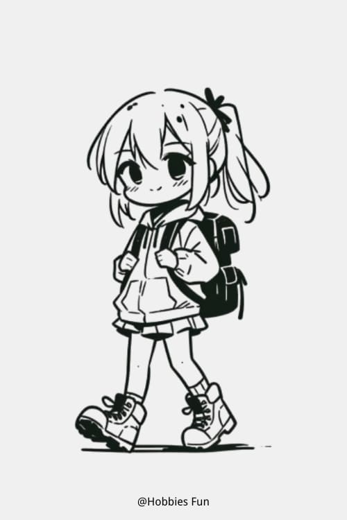Full Body Anime Girl Drawing, Girl With Backpack And Hiking Boots