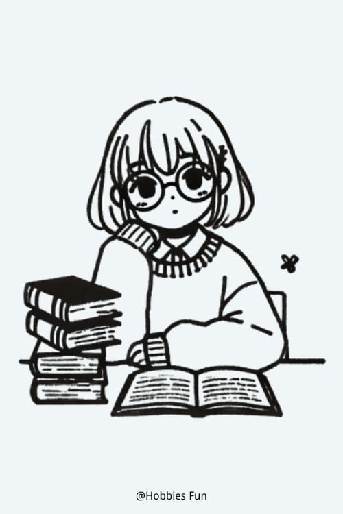 Anime Girls Drawing, Girl With A Stack Of Books