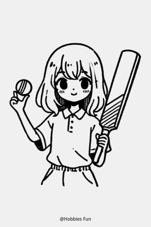 Anime Sketch Girl, Girl With Cricket Bat And Ball