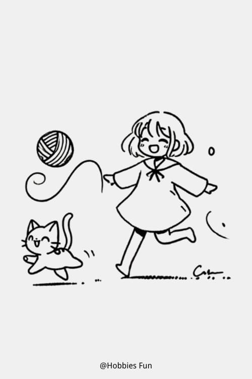 Anime Girl Drawings Easy, Girl With Playful Kitten Chasing Yarn Ball