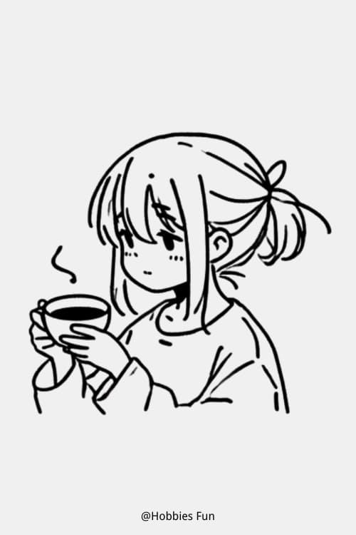 Anime Girl Outline, Girl With A Cup Of Tea