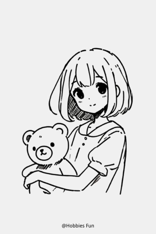 Anime Girl To Draw, Girl With Teddy Bear